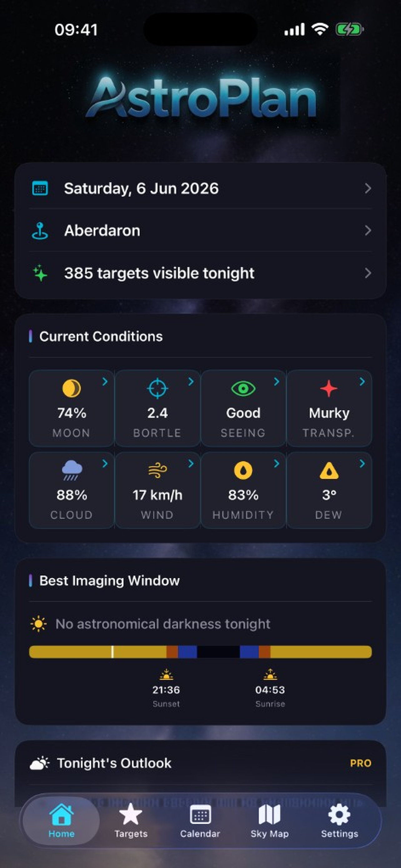 AstroPlan home screen showing tonight's conditions and targets
