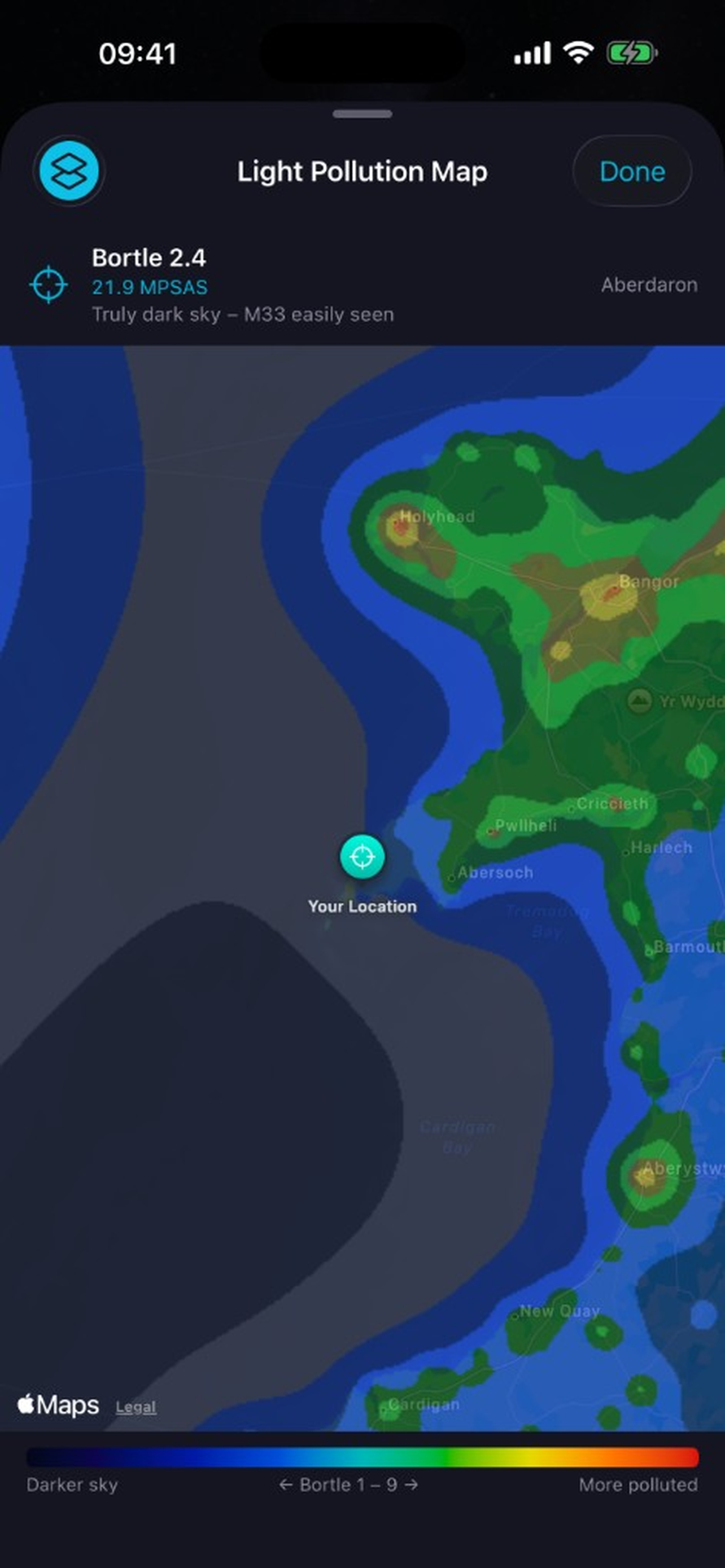 Light pollution Bortle map